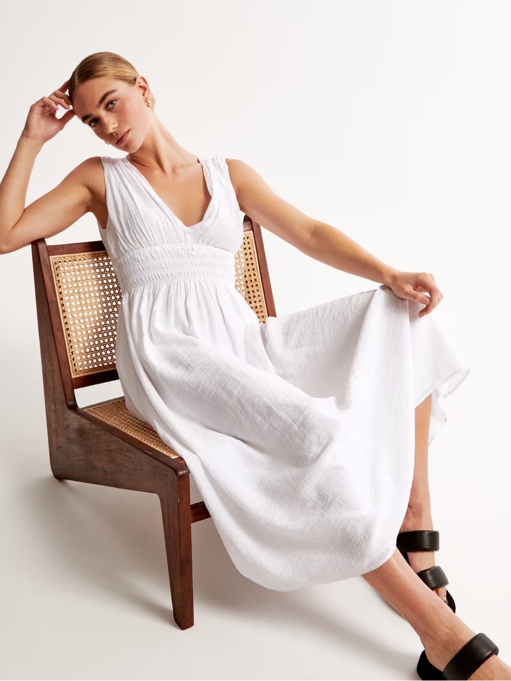 Abercrombie & Fitch White V-Neck Smocked Midi Dress